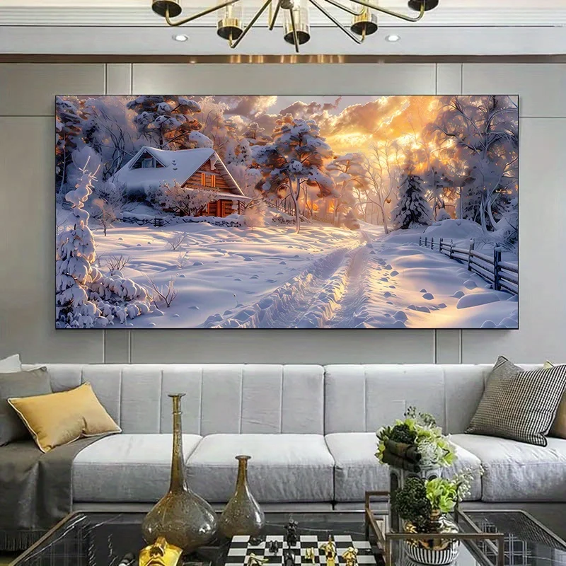 Frameless Winter Snowscape Canvas Wall Art - Modern Snowy Landscape Painting with Cozy Cabin & Snowy Trees, Vibrant Winter Scene