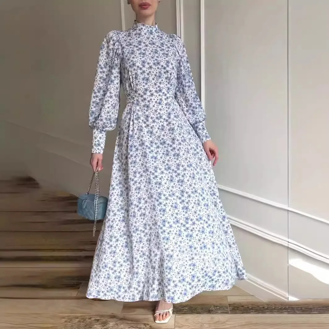 Print Satin Dress for Women Loose Lace-up Islamic Clothing A-line Long Dress Spring Dubai Abaya Turkey Arabic Muslim Dress Women