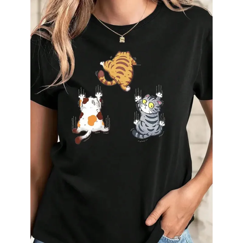 

Женская футболка с коротким рукавом и принтом кошки, модная повседневная футболка, эстетичный короткий топ для повседневной носки
