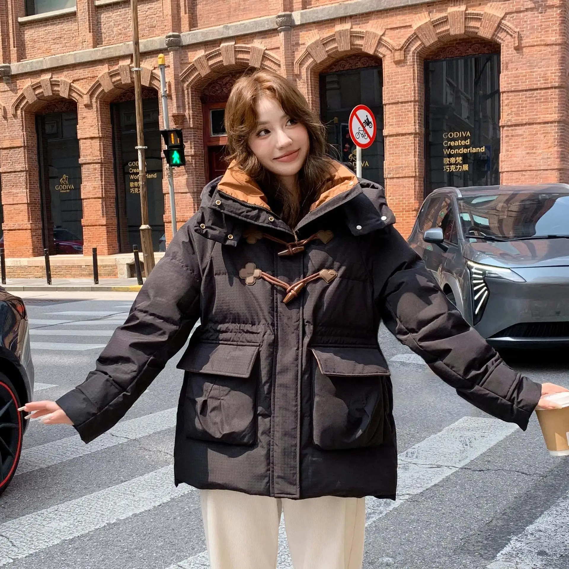 Abrigo largo de maternidad de talla grande para mujer, Parka con botones de cuerno Retro, cálida para invierno, 2025 ​ ​