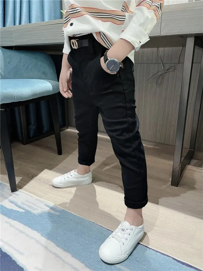 Children\'s Spring and Autumn New White Boys\' Pants Baby Elastic Slim Fit Middle And Big School Cotton Trousers FOR Kids