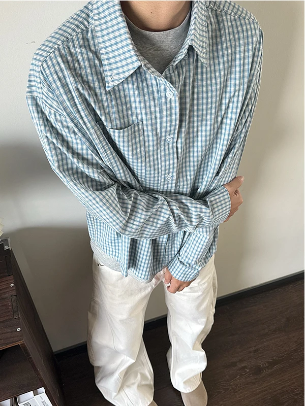 

Retro American Casual Plaid irt ex Spring Autumn Loose ort Sle Faionable Outerwear Breathable Polyester Fiber