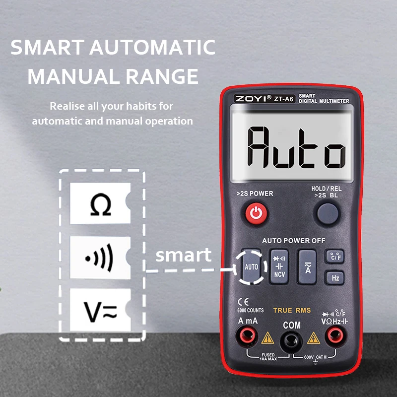ZOYI ZT-A6 Button Digital Multimeter Professional AC DC Voltage Current Resistance Tester with Temperature Measurement & NCV Fun
