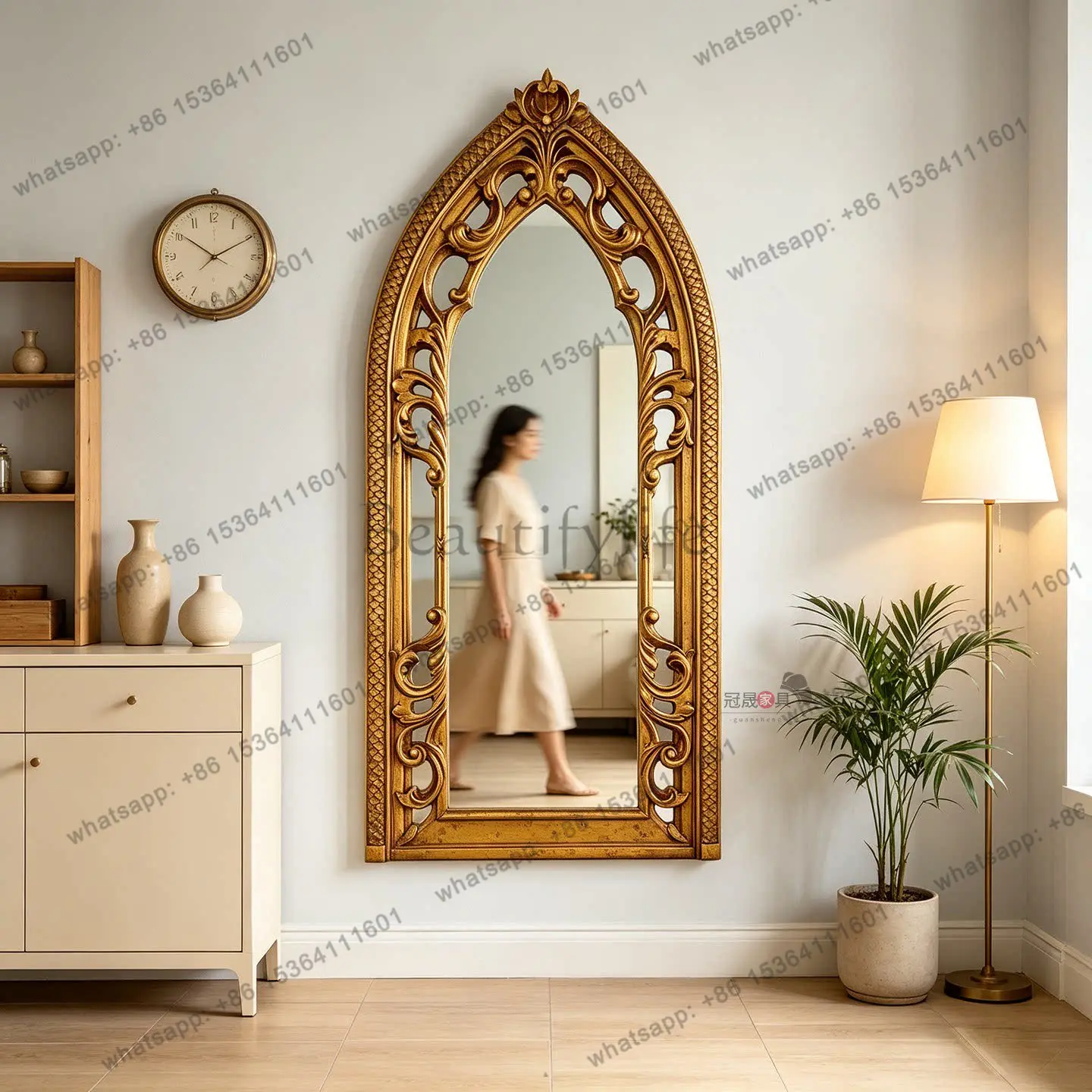 YJ European Carved Irregular Full‑Length Mirror Palace Style Unit For Living Villa French Retro Dressing Home Decor