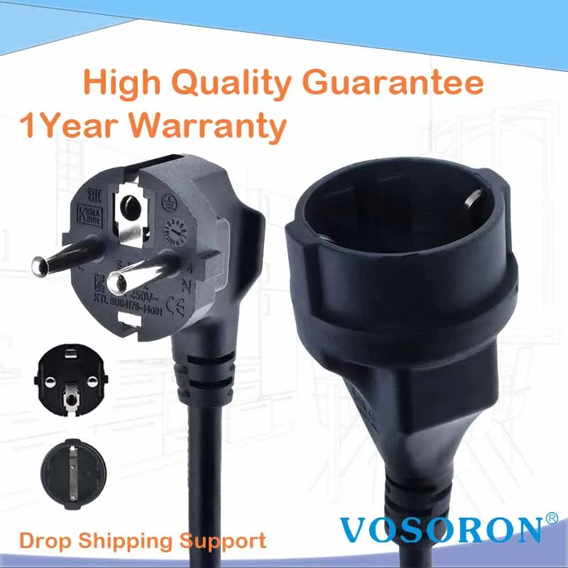 Schuko CEE 7/7 Plug to CEE 7/3 Socket Extension Power Cable, EU 2 Pin Male to Female Mains Connection Lead 16A 250V