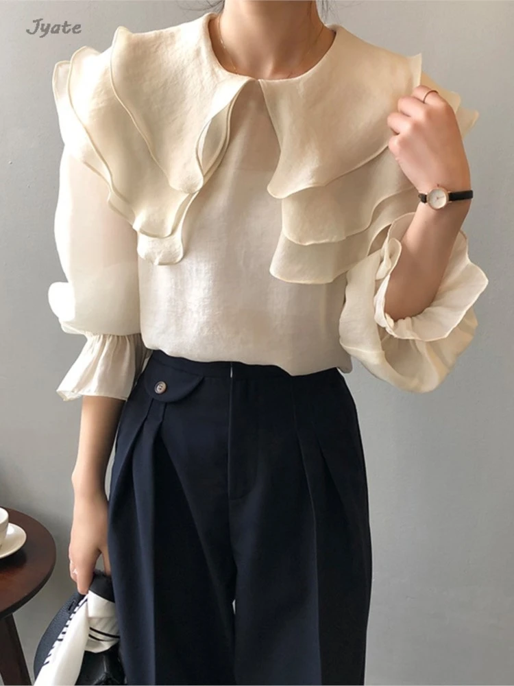 

Large Ruffle Elegant Women Blouse Fashion Fashion Peter Pan Collar Female Shirts Flare Sleeve Spring Summer Thin Tops 2024 New