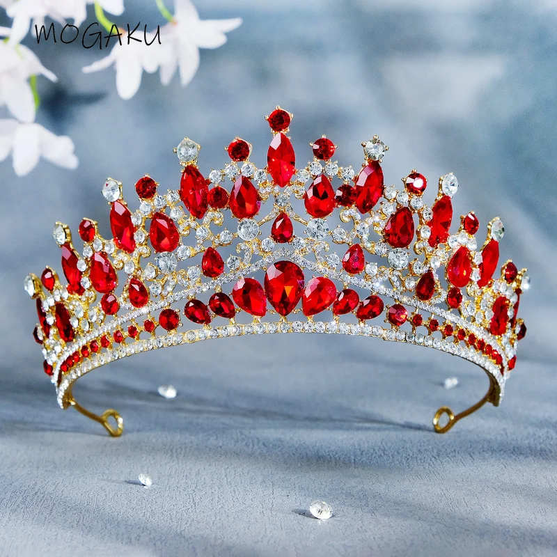 MOGAKU-Tiaras de lujo con diamantes de imitación rojos para mujer, corona de gota de agua, aros nupciales para el cabello, accesorios de joyería de boda elegantes, púrpura y azul