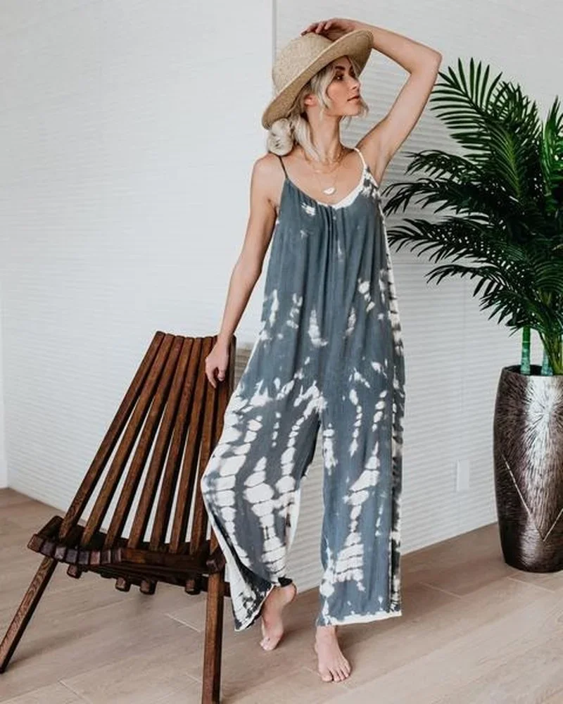 

Summer Loose Sling Tie Dye Printed Jumpsuits Women 2023 Fashion Casual Folds High Waist Wide Leg Rompers Female Boho Streetwear