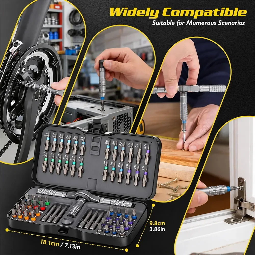 Precision 66 in1 Magnetic Ratchet Screwdriver Set With Detachable T-Handle Magneticizer For Furniture Electronics PC & Glasses