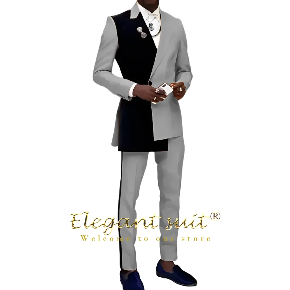 Men's Elegant Black Colorblock Suit Set (Stylish Single Button Jacket and Trousers) Customized Wedding Cocktail Party Tuxedo