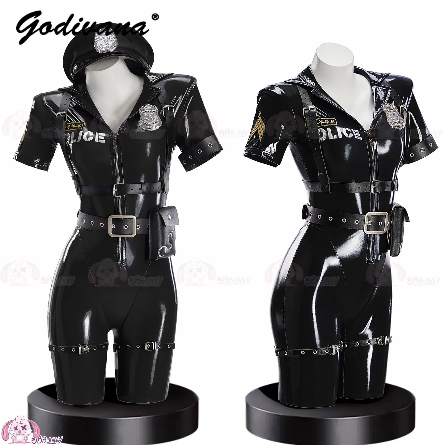 Women Cool Stretch PU Agent Cosplay Jumpsuit Short‑Sleeve Leather Bodysuit For Halloween Carnival Theme Party Role‑Play Costume
