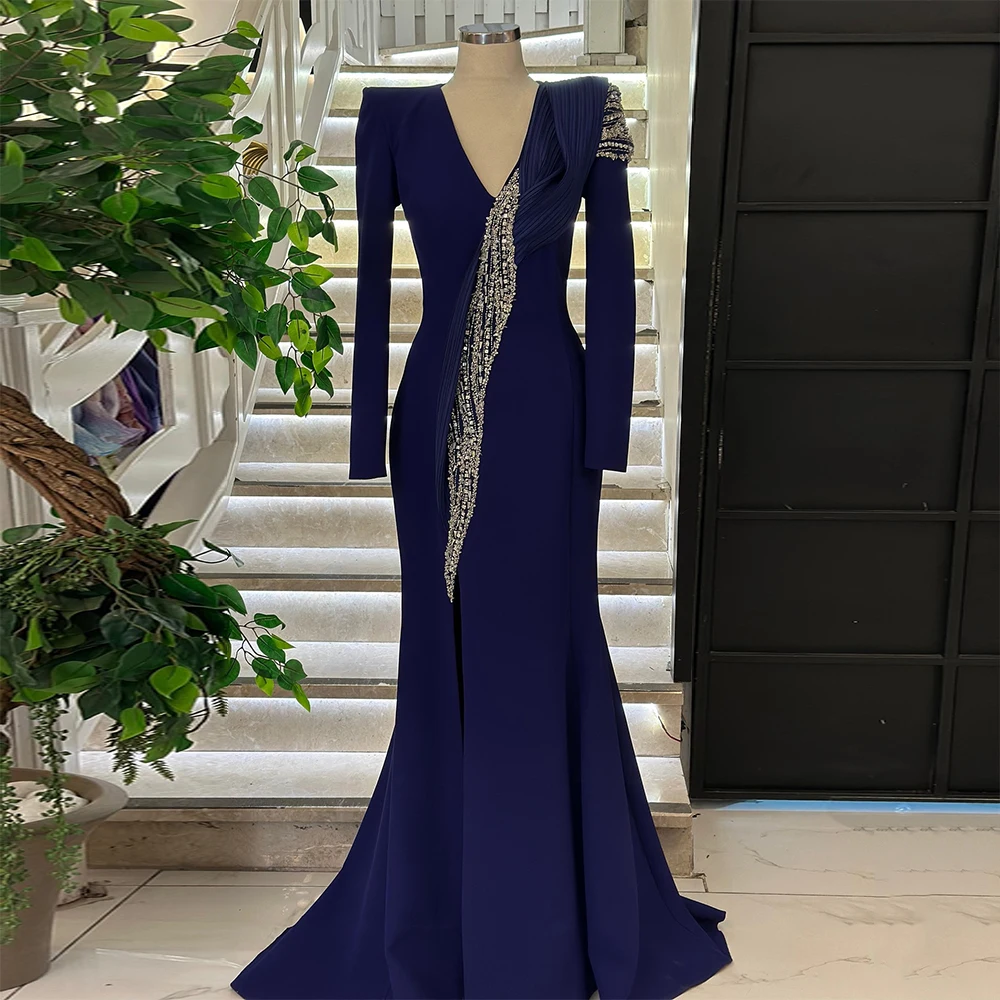 فساتين سهرة فاخرة حورية البحر رقبة على شكل V مطوي مطرز بالخرز وأكمام طويلة فساتين سهرة للنساء 2025 بوق فستان رسمي حديث للحفلات