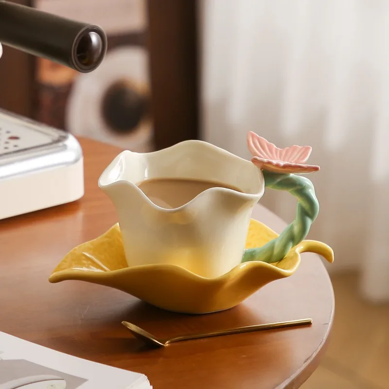 Creative Flower Language Butterfly Afternoon Tea Ceramic Coffee Cup Set with Spoon,Office Kung Fu Tea Set,Home Drinking Set Gift