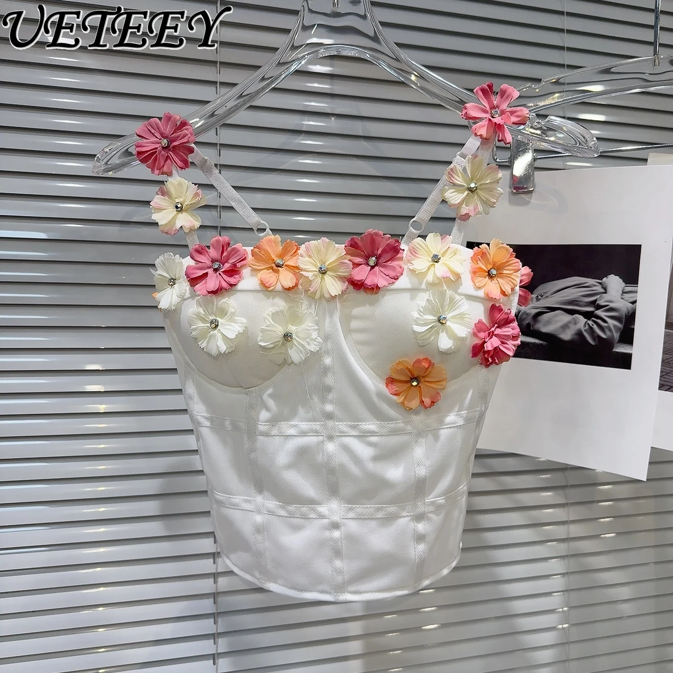 Summer New Sweet Personality Outer Wear Short Crop Tops Versatile Color Flower Nail Drill Decorative Chest Pad Sling Vest