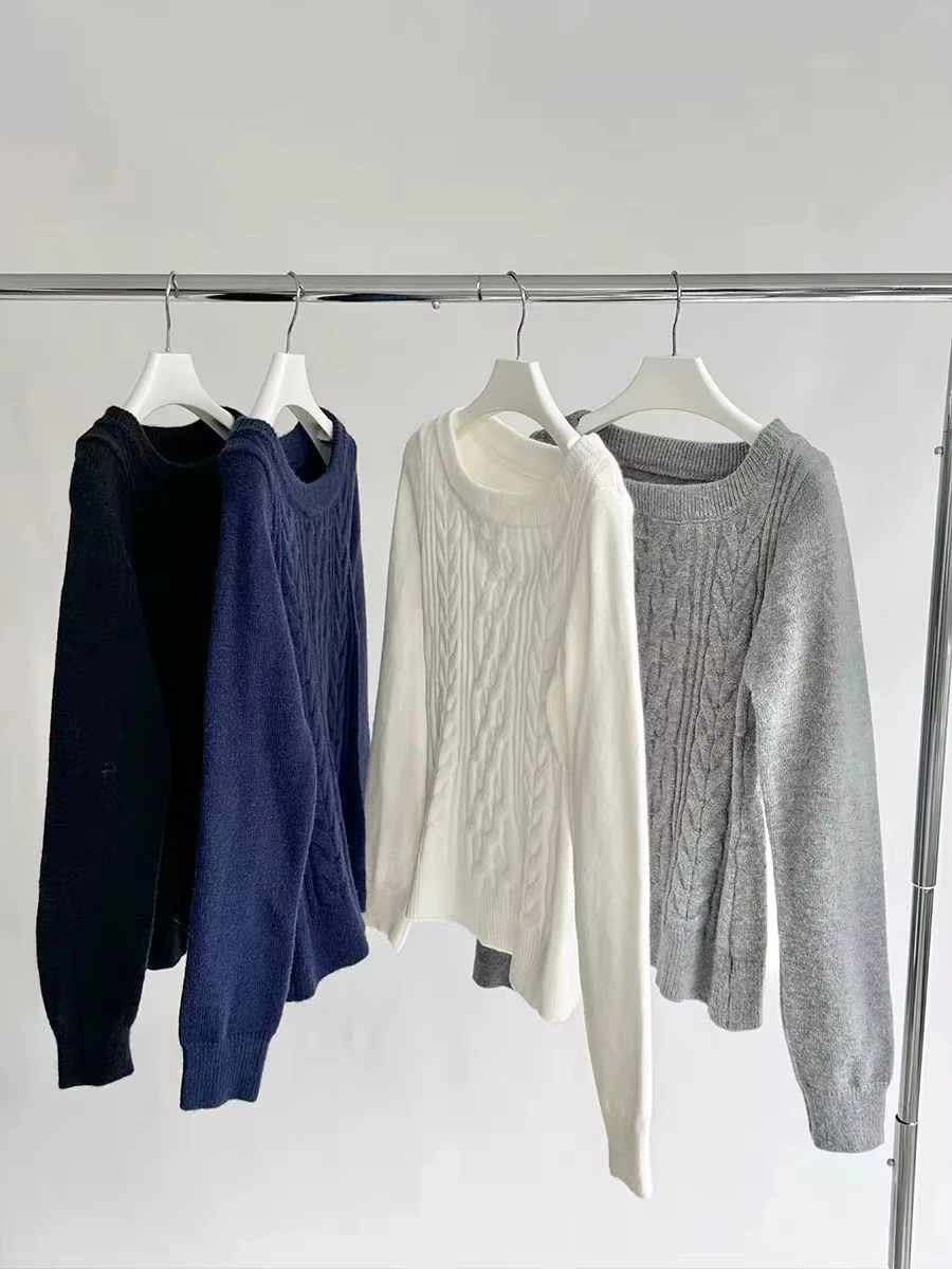 

Sweet Solid Slash Neck Slim Knitted Sweater Women Casual Long Sleeve Cotton Pull Sweaters Vintage Simple Preppy Style Jumpers