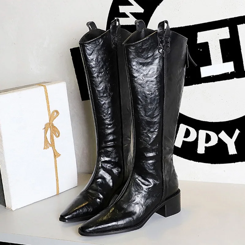 BIGTREE Spring Autumn Pointed Toe Knee-High Boots Women Designer Vintage Square Low Heels Shoes Modern Long Botas Para Mujer