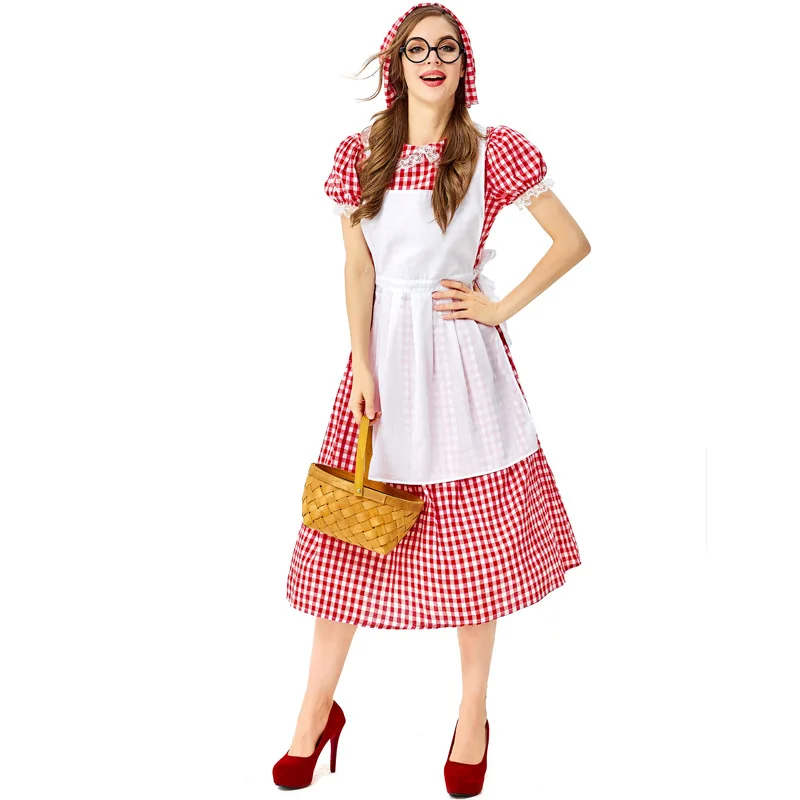 

American Country Farm Plaid Dress French Manor Maid Cosplay Uniform for Woman Gardener Oktoberfest Costume Halloween Party Dress