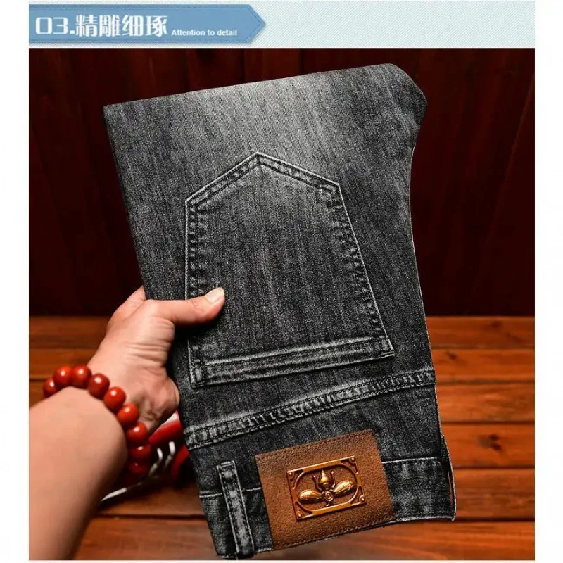 Summer Fashion 2026 Embroidered Patterned Jeans For Men Slim Fit Skinny Leg Stretch Korean Style High Street Trendy Denim Pants