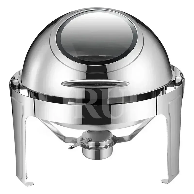 6L Large Roll Top Round Dining Silver Chafing Dish Food Warmer，Hotel Large Stainless Steel Gold Hot Pot