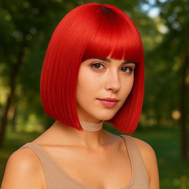 

12 inch multifunctional red synthetic wig with straight bangs design, suitable for role-playing activities