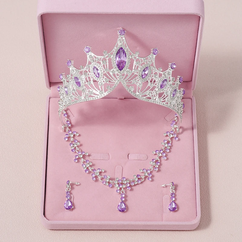 Itacazzo Bridal Headwear Full Of Dreamlike Quality Dazzling Purple Ladies' Bridal Tiara Necklace Earrings 4 Pcs Set(Without Box)