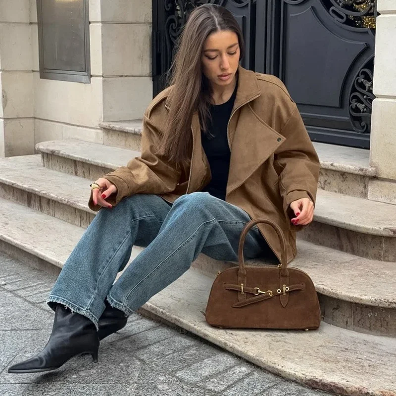 Fashion Zipper Short Jacket Women's Casual Lapel Collar Suede Full Sleeve Pocket Coat 2025 Lady Autumn Commuting Jackets