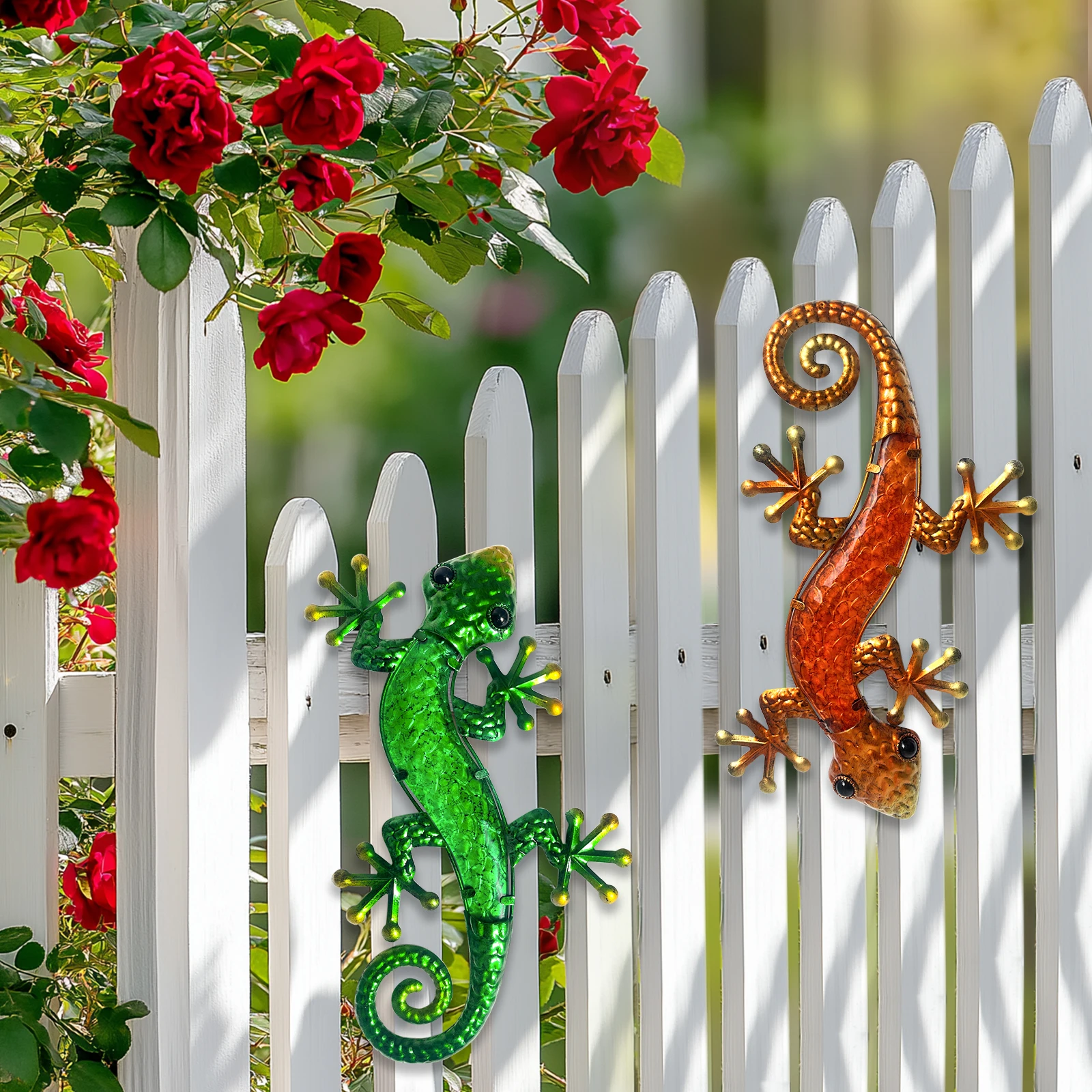 Metal Gecko Wall Art- 15 Inch Lizard Outdoor Decor Hanging Glass Sculpture, 2 Pack Gecko Wall Art Decorations for Garden Fence