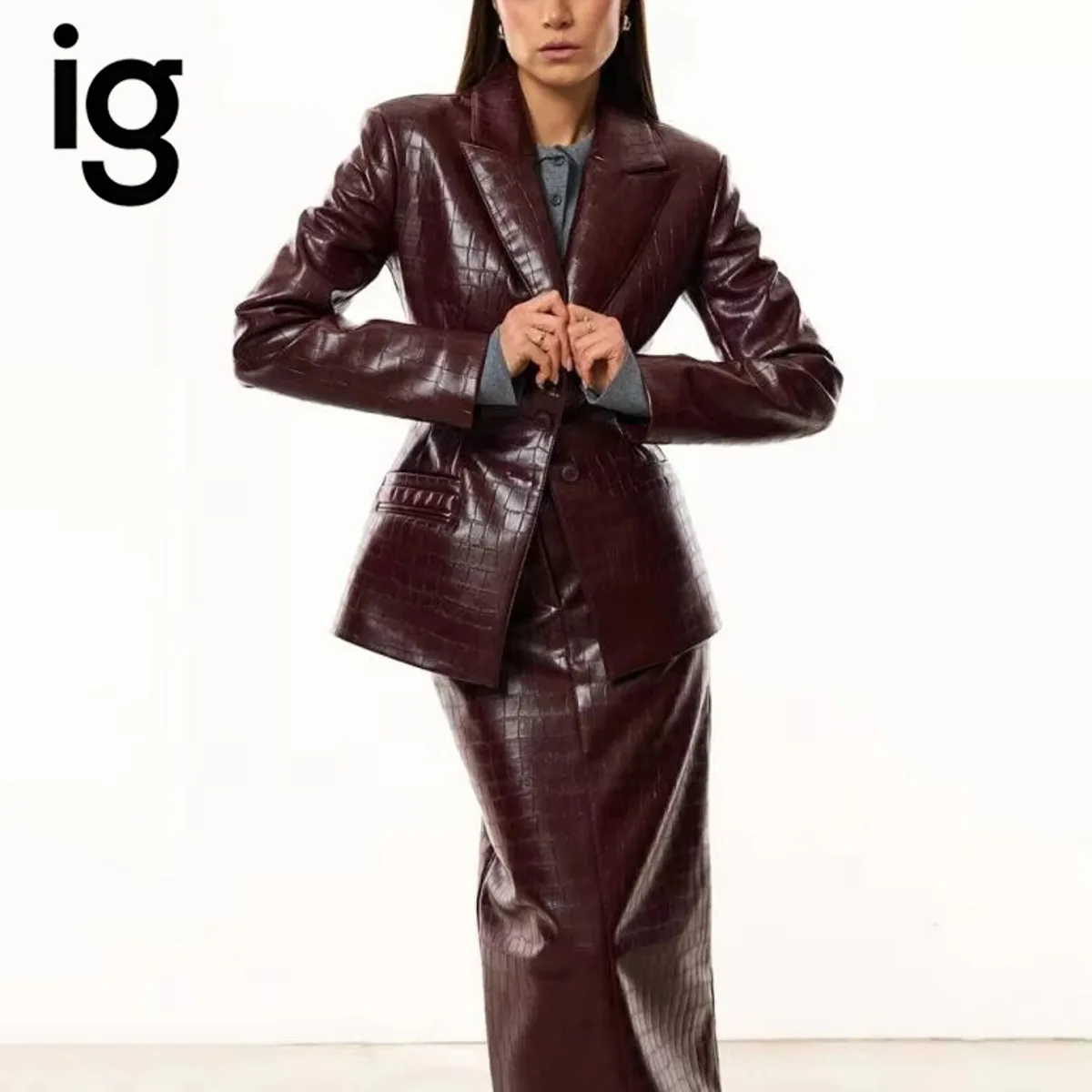IG Women Burgundy Croc Faux Leather 2 Piece Suit Set Notched Lapel Slim Blazer Jacket High Waist Midi Pencil Skirt Elegant view 3