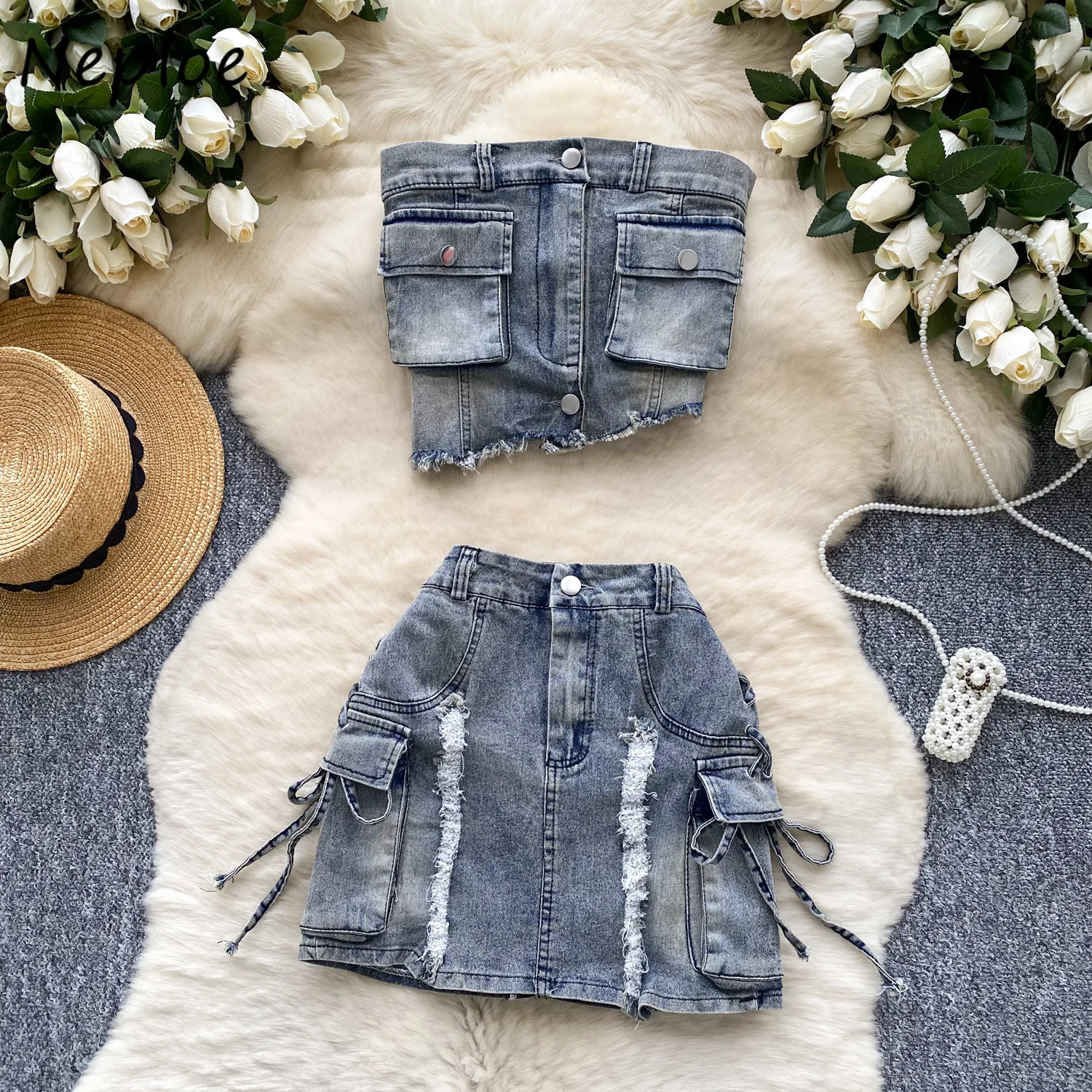 

Neploe Spice Girls Irregular Strapless Denim Set Vest High Waist Bodycon Slim Faldas Pure Desire American Vintage Suit Skirts