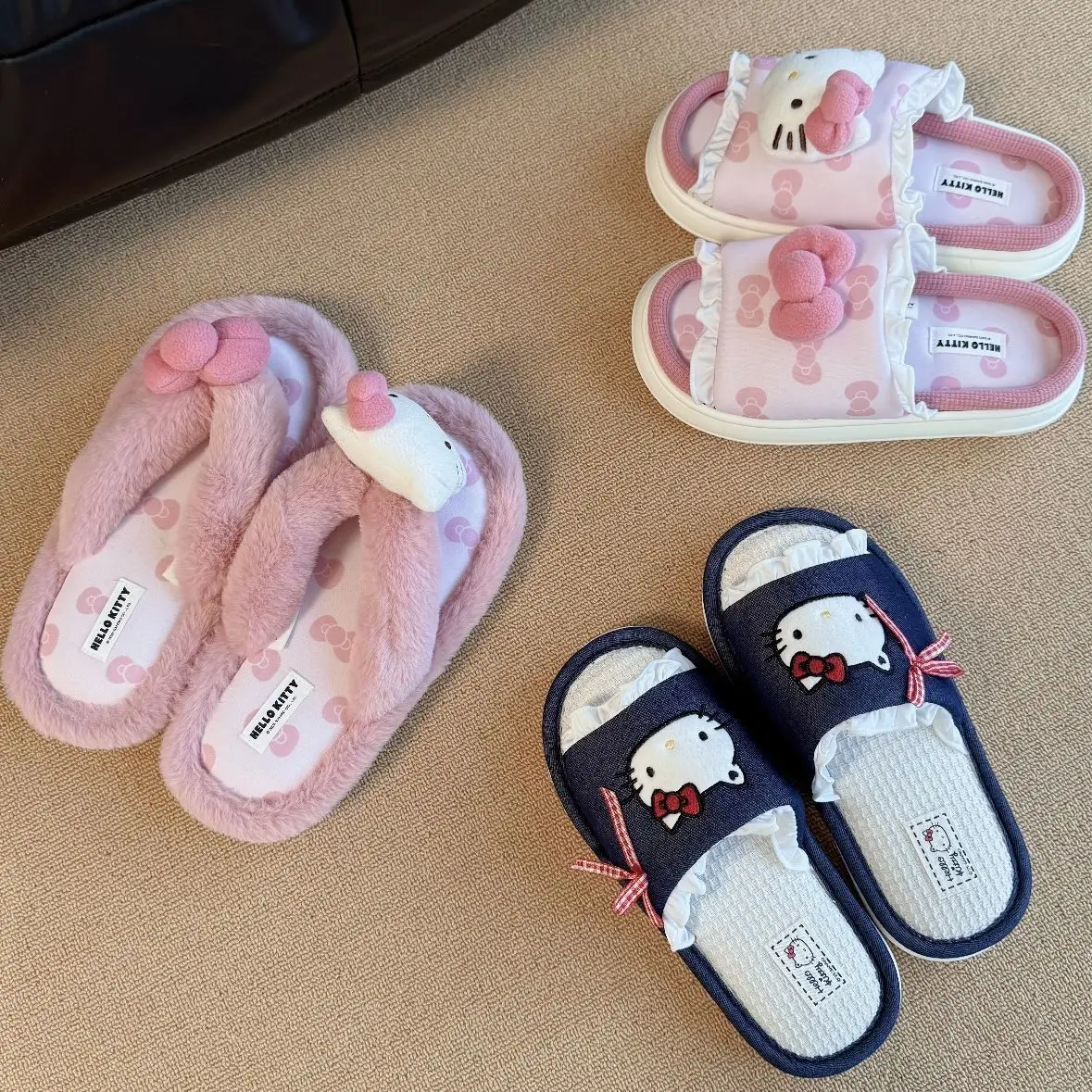 Kawaii سانريو مرحبا كيتي الصيف طالب النعال شقة القاع أنيمي الكرتون لطيف المرأة المنزل الكتان النعال الفتاة الهدايا اللعب