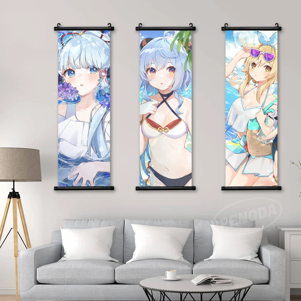 

Canvas HD Print Genshin Impact Wall Art Kamisato Ayaka Home Decor Hu Tao Hanging Painting Ganyu Scroll Anime Picture Living Room