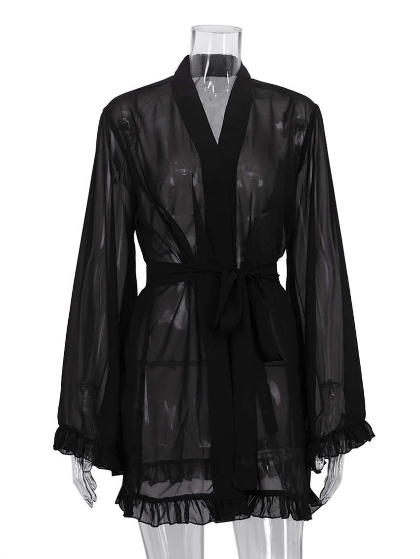 Marthaqiqi Casual Ladies Sleepwear Long Sleeve Pajamas Sexy V-Neck Nightgowns Lace Up Robe Mini Dress Loose Female Home Clothes