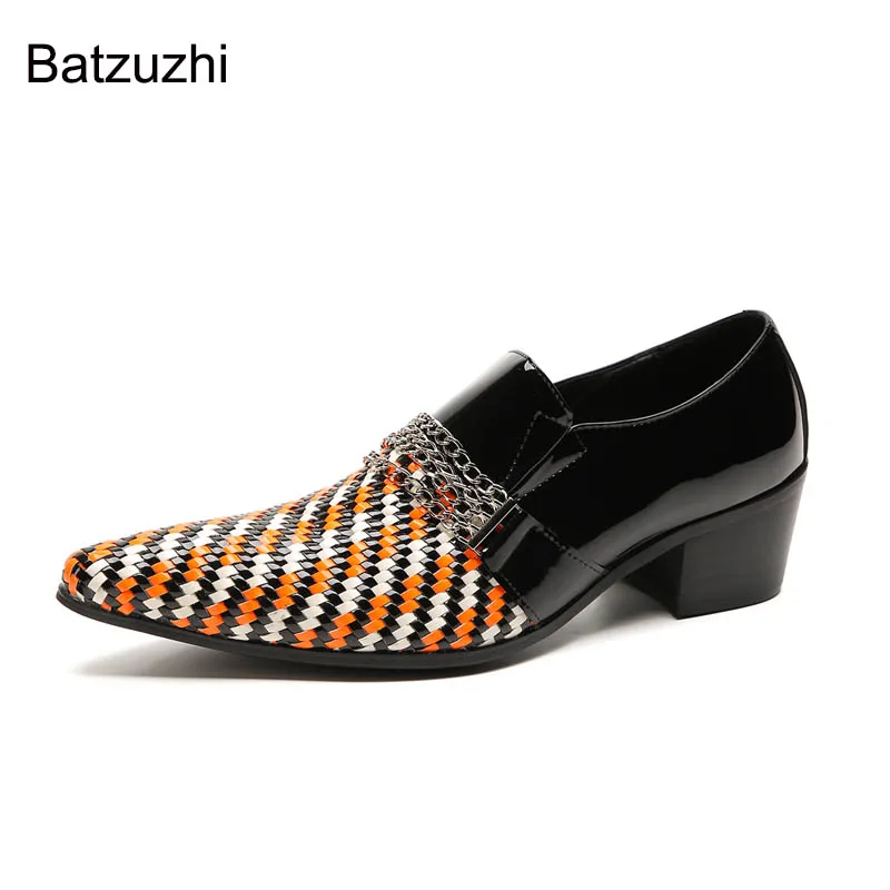 Batzuzhi 6cm High Heels Men's Shoes Split Color Genuine Leather Dress Shoes Men Slip on Formal Business, Party and Wedding Shoes