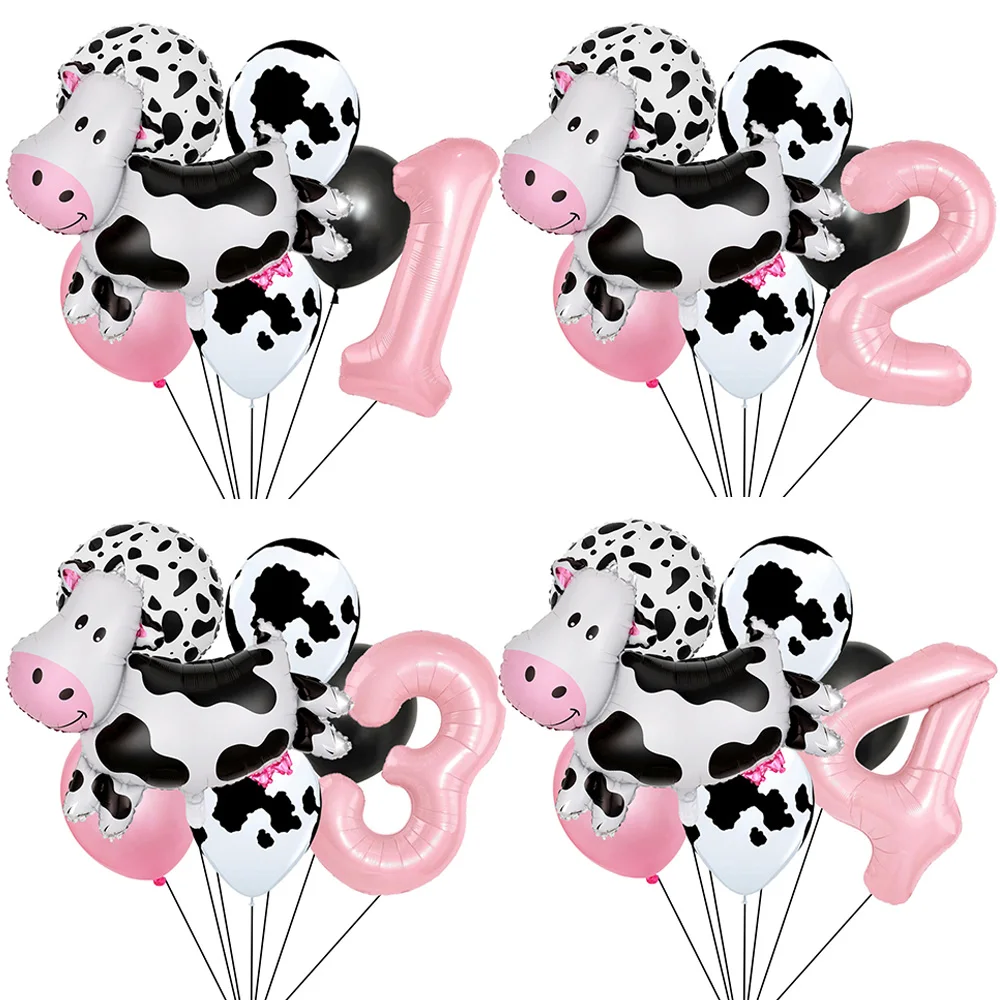 18pcs Cow Number Birthday Balloon 32inch Pink Number Balloon Cow Print Latex Balloon for Cowboy Cowgirl Birthday Party Decor