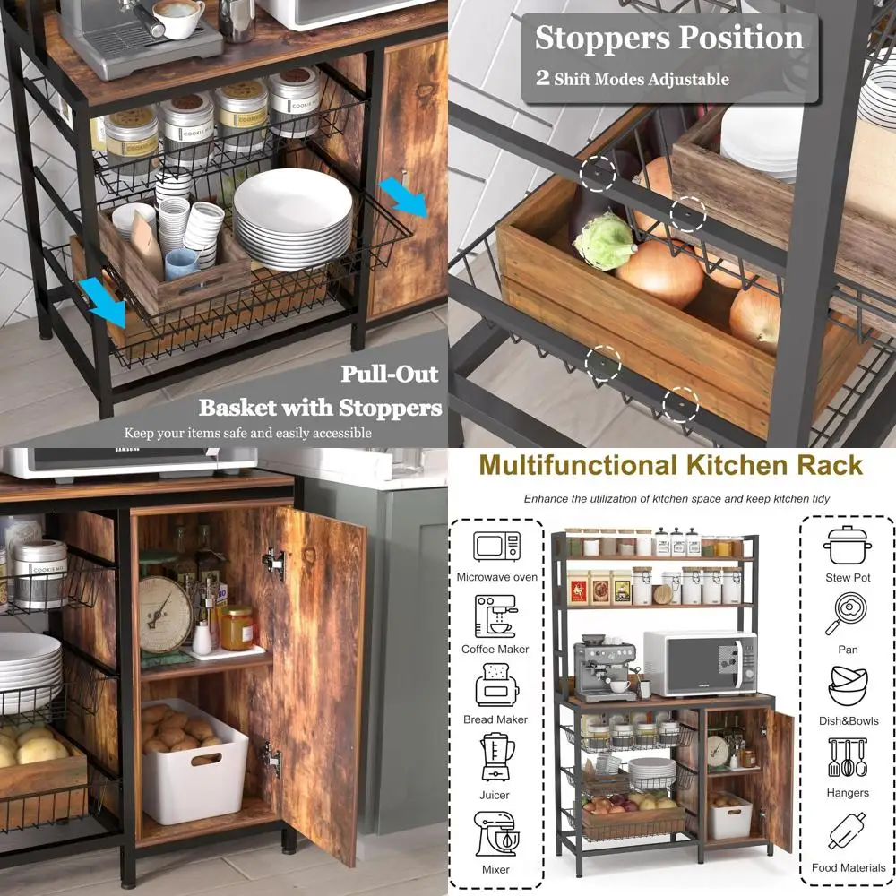 

Bakers Rack with Baskets and Door, Microwave Oven Stand, Utility Storage Shelf, Rolling Kitchen Cart Organizer with Hooks