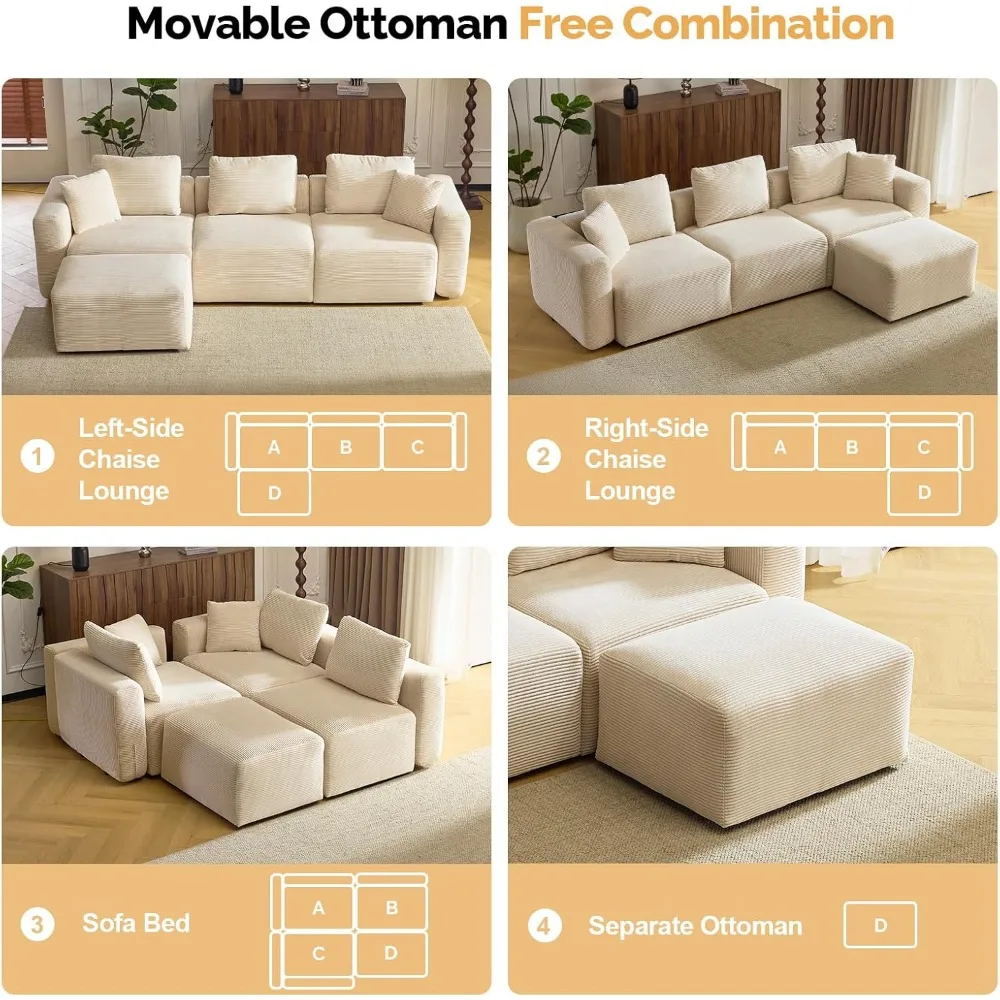 Трансформируемый вельветовый секционный диван с подвижным пуфиком, L-образный диван для гостиной, идеально подходит для удобного сидения.