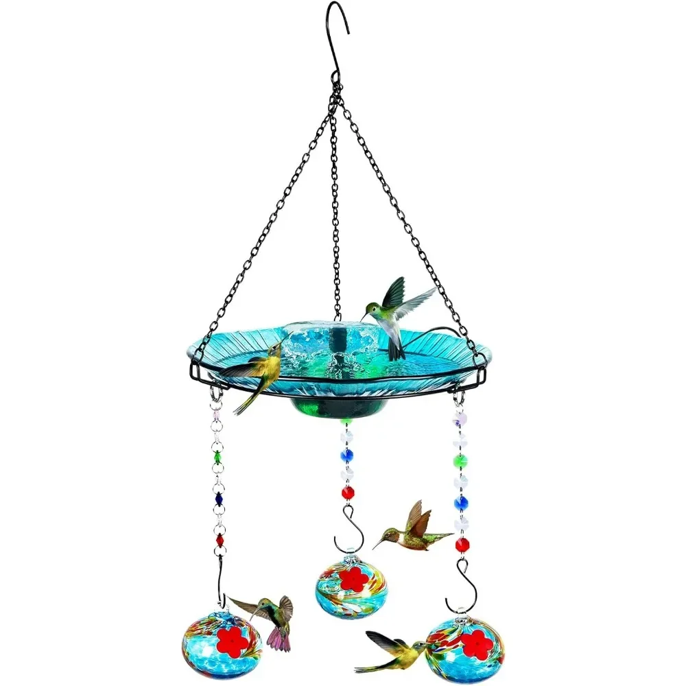 Hummingbird Feeder and Bird Bath for Outdoors 2-in-1 for Small Birds, Hanging Solar Bird Bath Fountains with 3 Red Feeder Pots