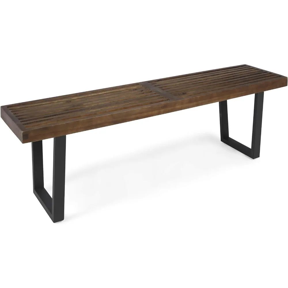 Terrace bench, made of acacia wood and iron legs, modern, dark brown and black 14.5 