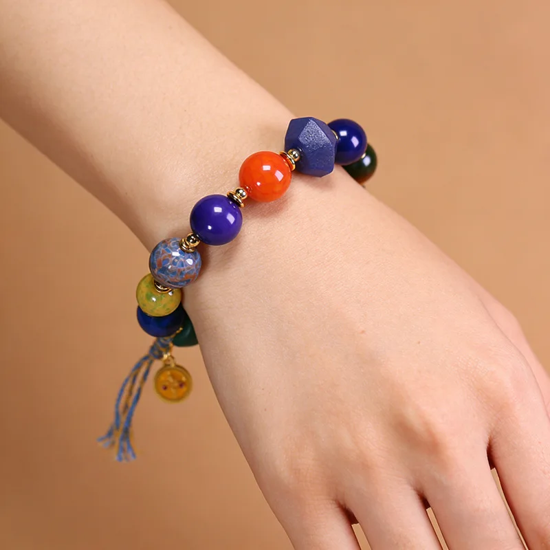 Natural Tibetan Genuine Old Mine Raw Stone Lapis Lazuli Agate Fortune Bead Multi-Treasure Bracelet, approximately 12x15mm