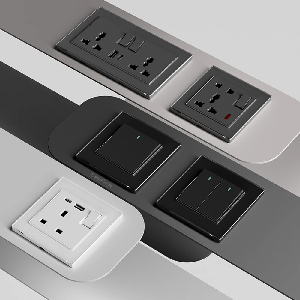 

Серая настенная розетка Великобритании 13A с USB Type-C, 18 Вт, универсальная двойная 3-контактная розетка для быстрой зарядки, кнопка из закаленного стекла, 1/2-позиционный выключатель света