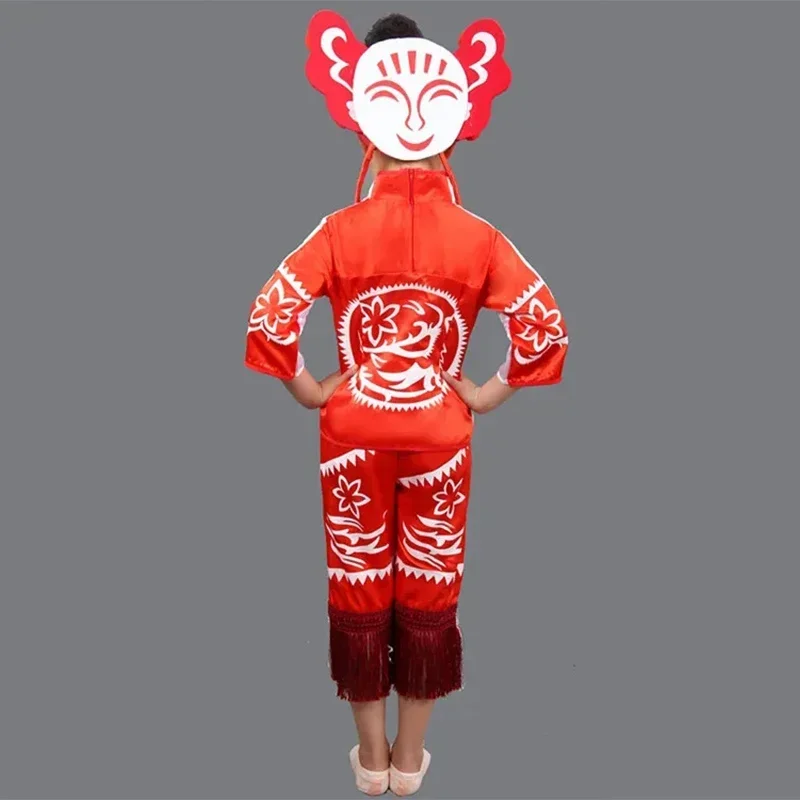 Chinese New Year National Dance Costume  Girl Yangko Dancer Wear Child Chinese Folk Costume Paper-cuts Fan Dance Costume 89