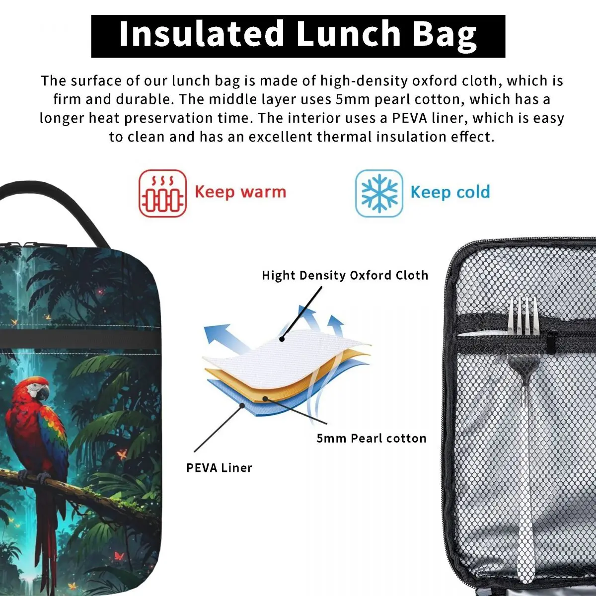 Tropical A Forest Parrot Design Insulated Lunch Bag for Women Children Portable Food Boxes Thermal Lunch Box Tote