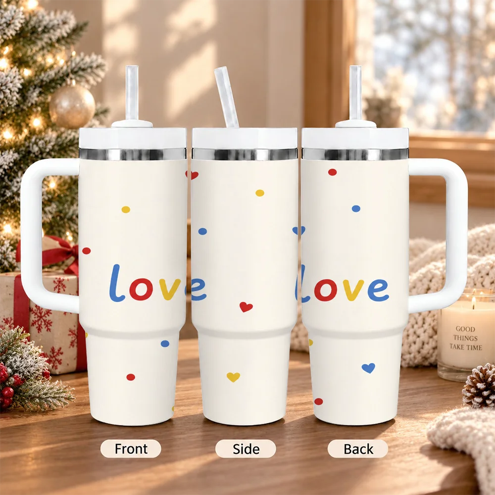 Smile Joy Love Gift Pattern Vacuum Flasks 40oz Insulated Stainless Steel Tumbler with Handle & Straw, Hot Cold Gift Cup