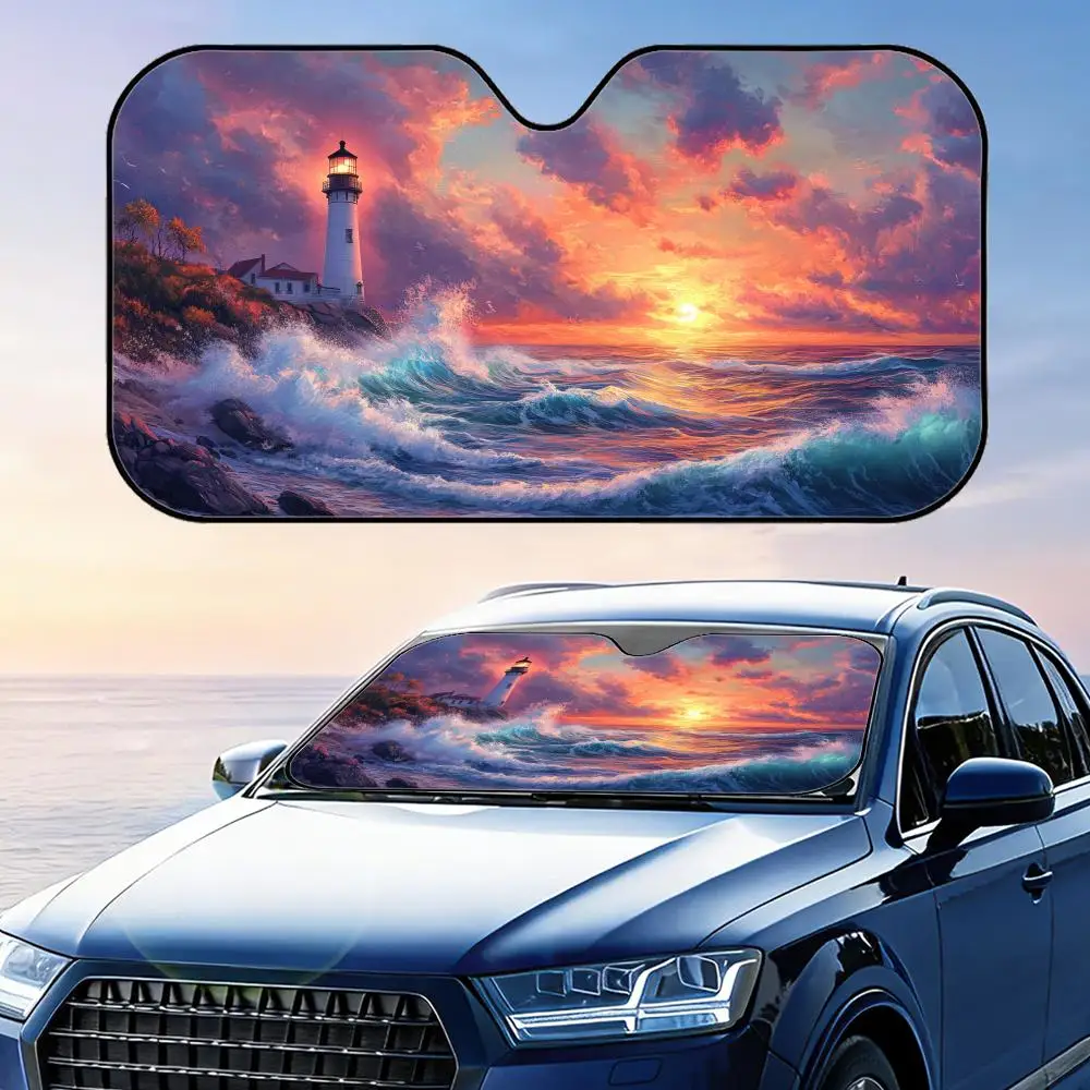 Lighthouse Ocean Waves Scene Sun Visor Foldable Universal Car Windshield Sun Shade UV Protection Heat Insulation Foldable Cover