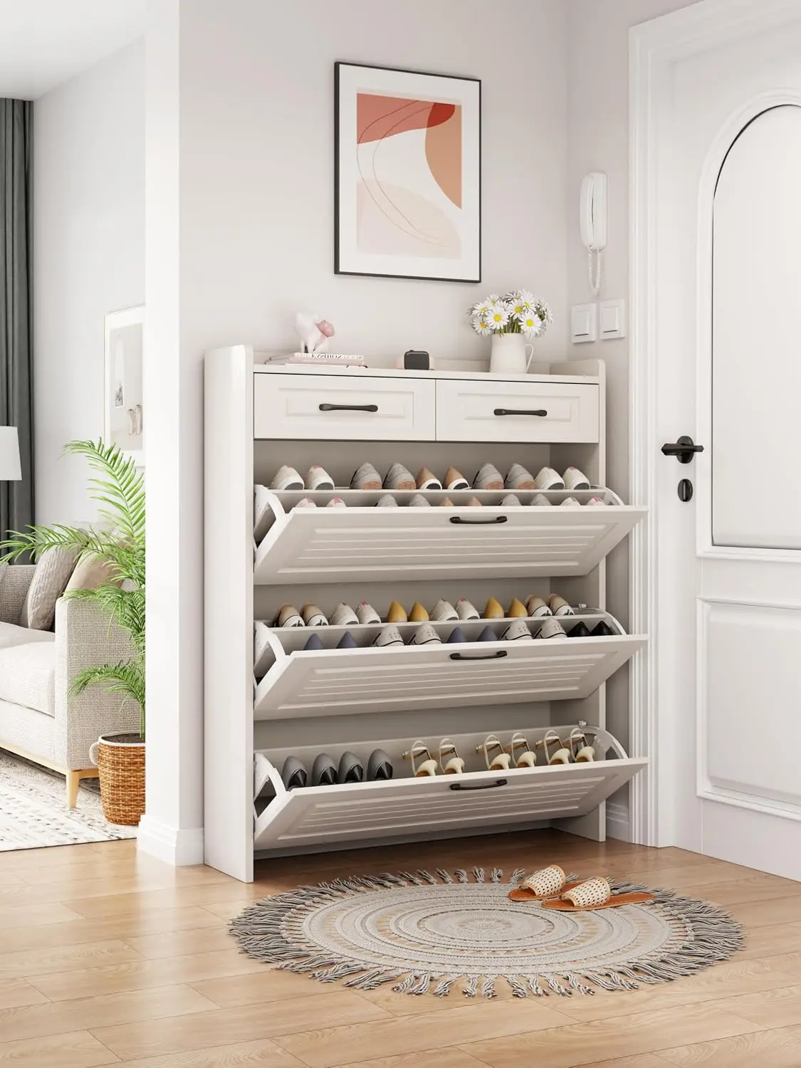 White Shoe Cabinet 3 Flip Drawers Metal Bracket Freestanding Narrow Organizer Entryway Living Room, Customized
