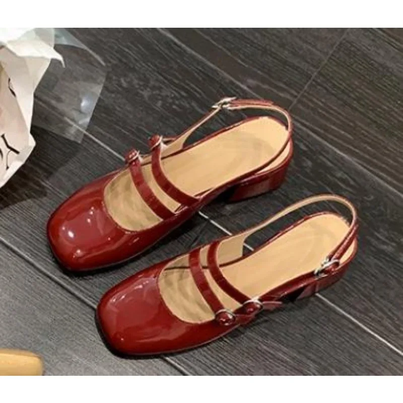 New Classic Red Mary Jeans Woman Patent Leather Med-High Heels Sandals Two Buckle Strap Shoes Femme Slingback Shoe Zapatos Mujer