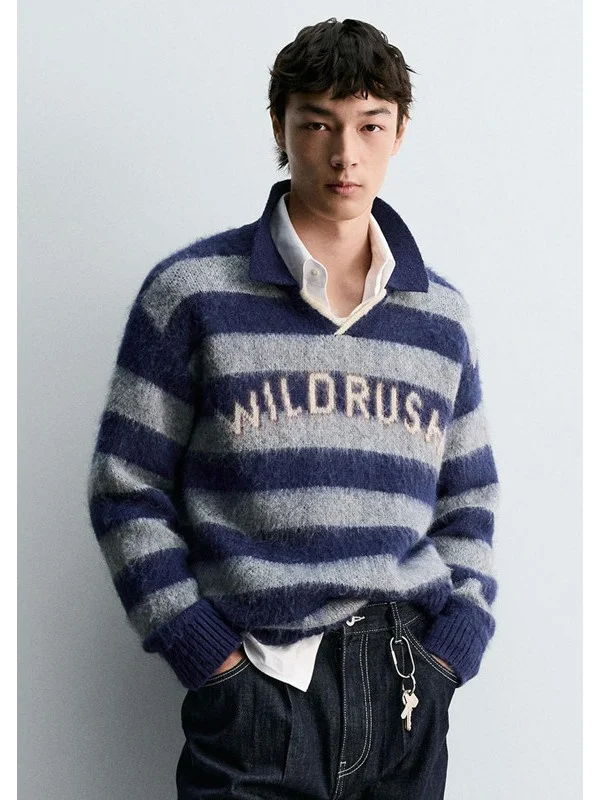 

Весенний новый мужской повседневный свободный свитер с цветными блоками, вязаный, с воротником в полоску, из мягкого дышащего полиэфирного волокна