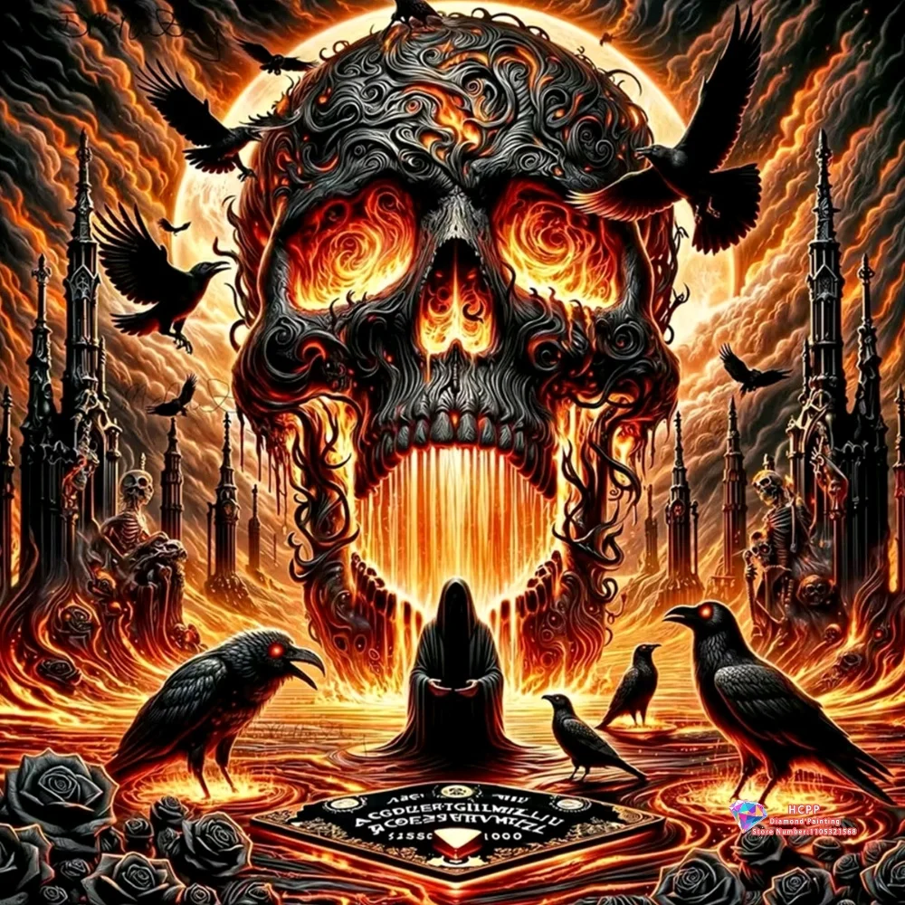 Pintura de Diamantes 5D DIY con Calavera Ardiente, Cuervos y Ceñíbal, con Diamantes Cuadrados y Redondos, Manualidades, Decoración del Hogar, Regalos