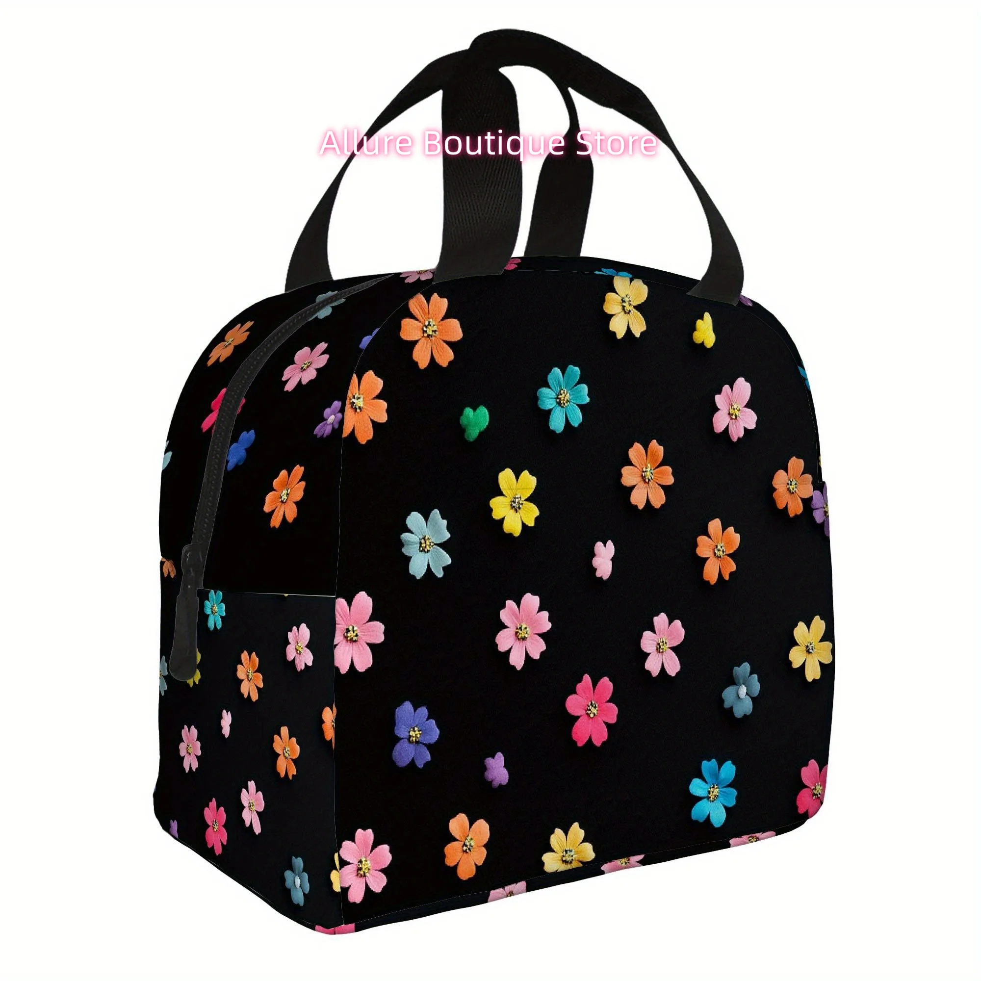 1pc, Vibrant Flowers Spread Across a Dark Backdrop. This Printed Thermal Bag Is Insulated And Not Meant for Direct Food Contact,