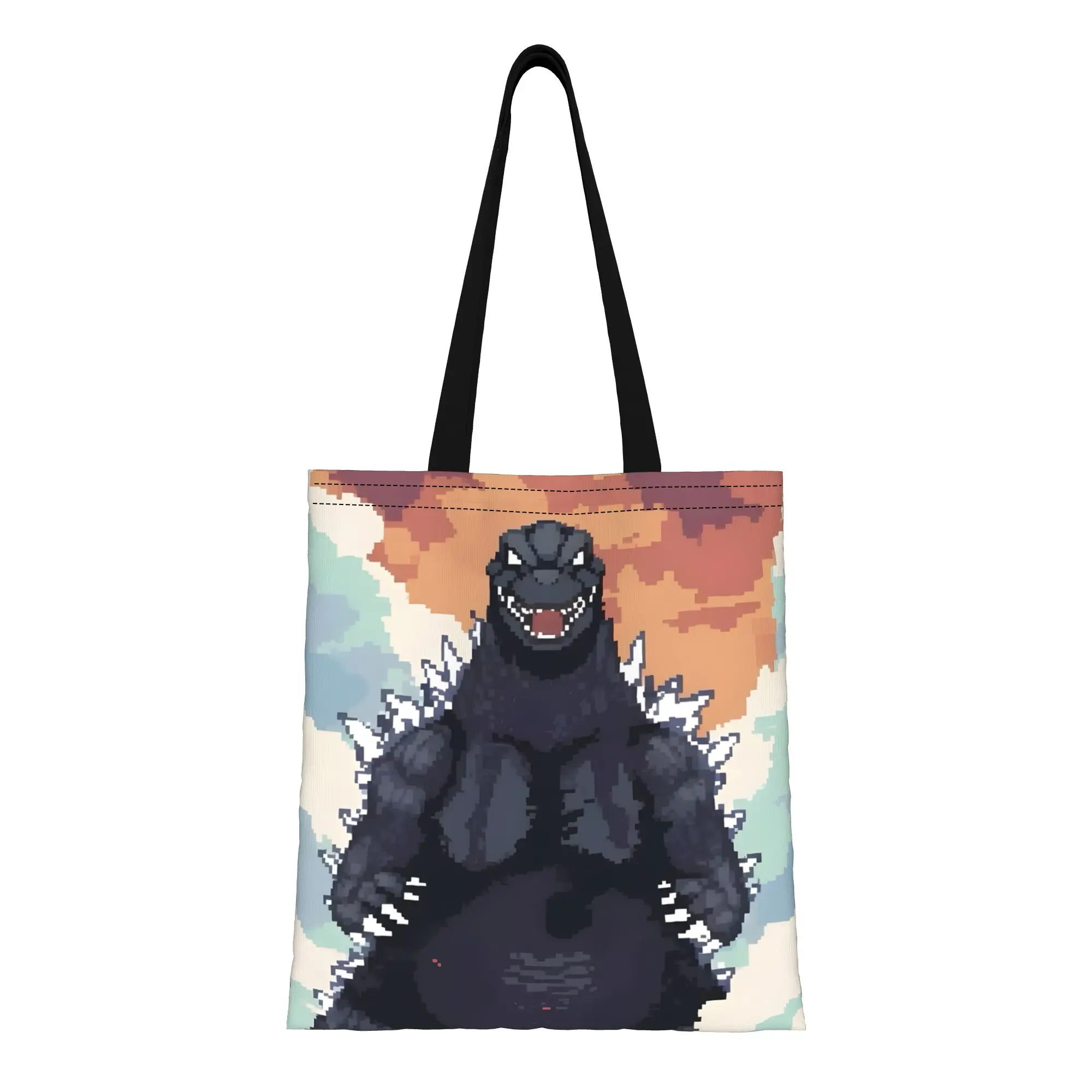 1PC Large Capacity Pixel Kaiju Godzilla Canvas Tote Bag Foldable Chic Pattern No Closed Design